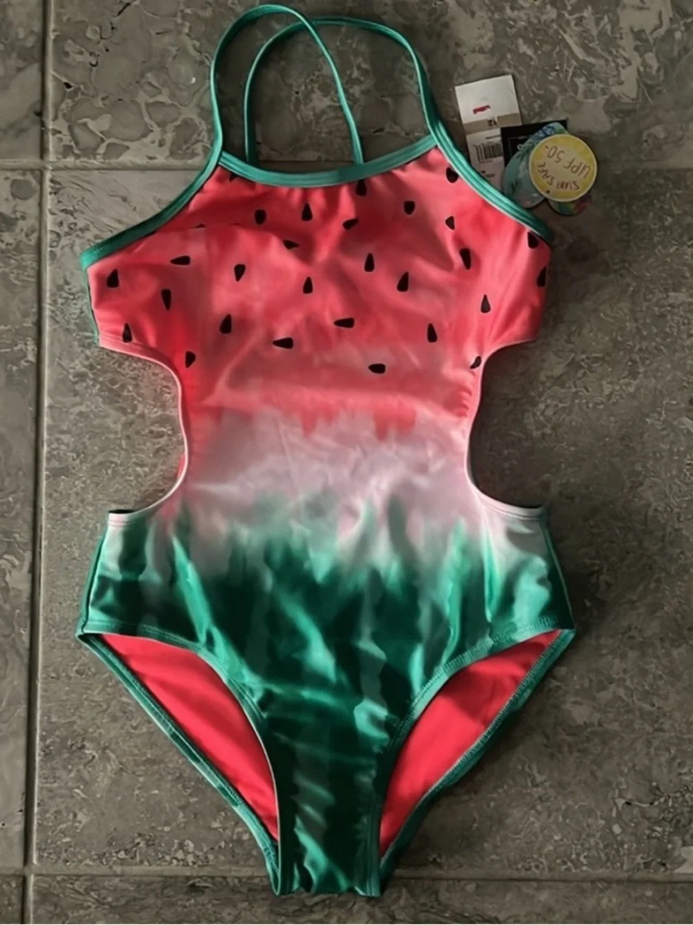 Breaking Waves Girl’s Green One-Piece Watermelon Swimsuit, NWT, Size 12